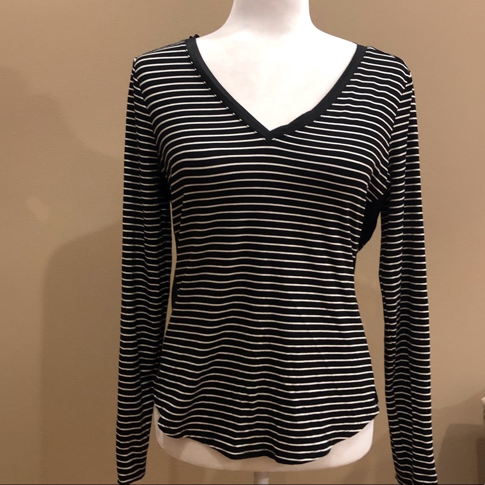 White House Black Market Stripe Long Sleeve Tee with Chiffon Detail, Size S